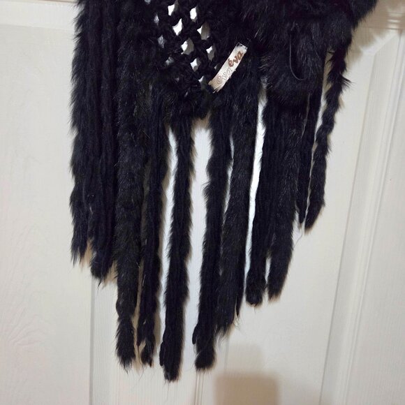 Crochet Poncho with Genuine Rabbit Fur Trim & Fringe Black - Picture 6 of 6